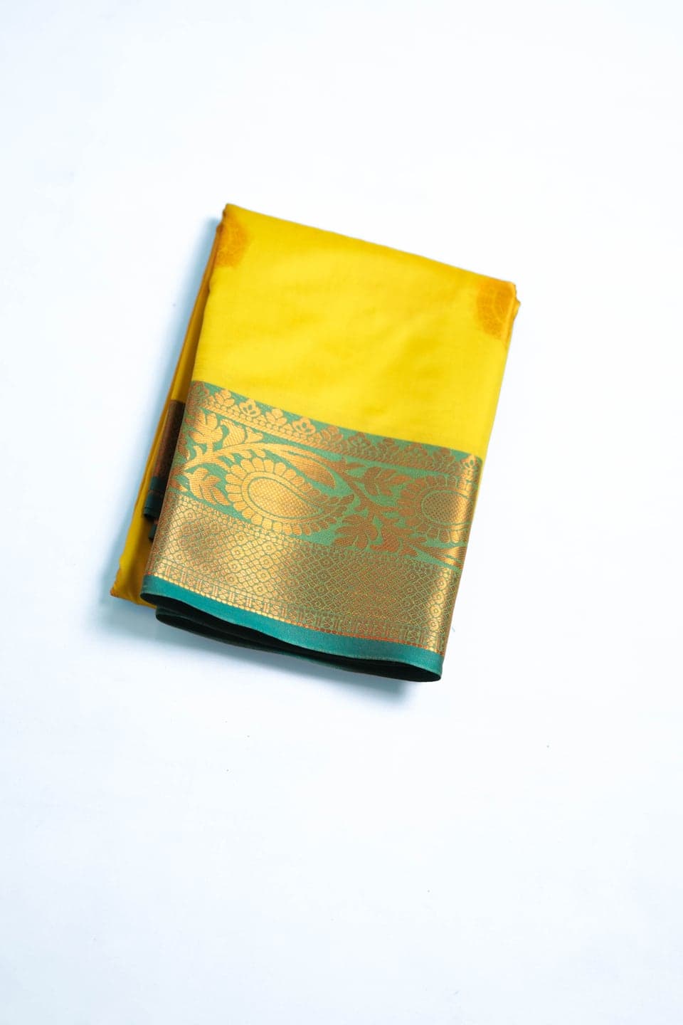 Mango Saffron Kanchivaram Silk Saree with Teal Zari