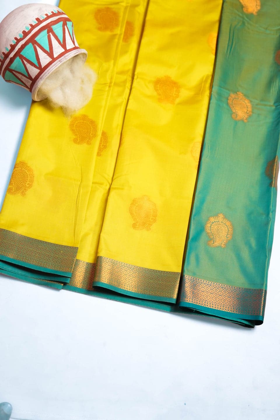Mango Saffron Kanchivaram Silk Saree with Teal Zari thumbnail 2