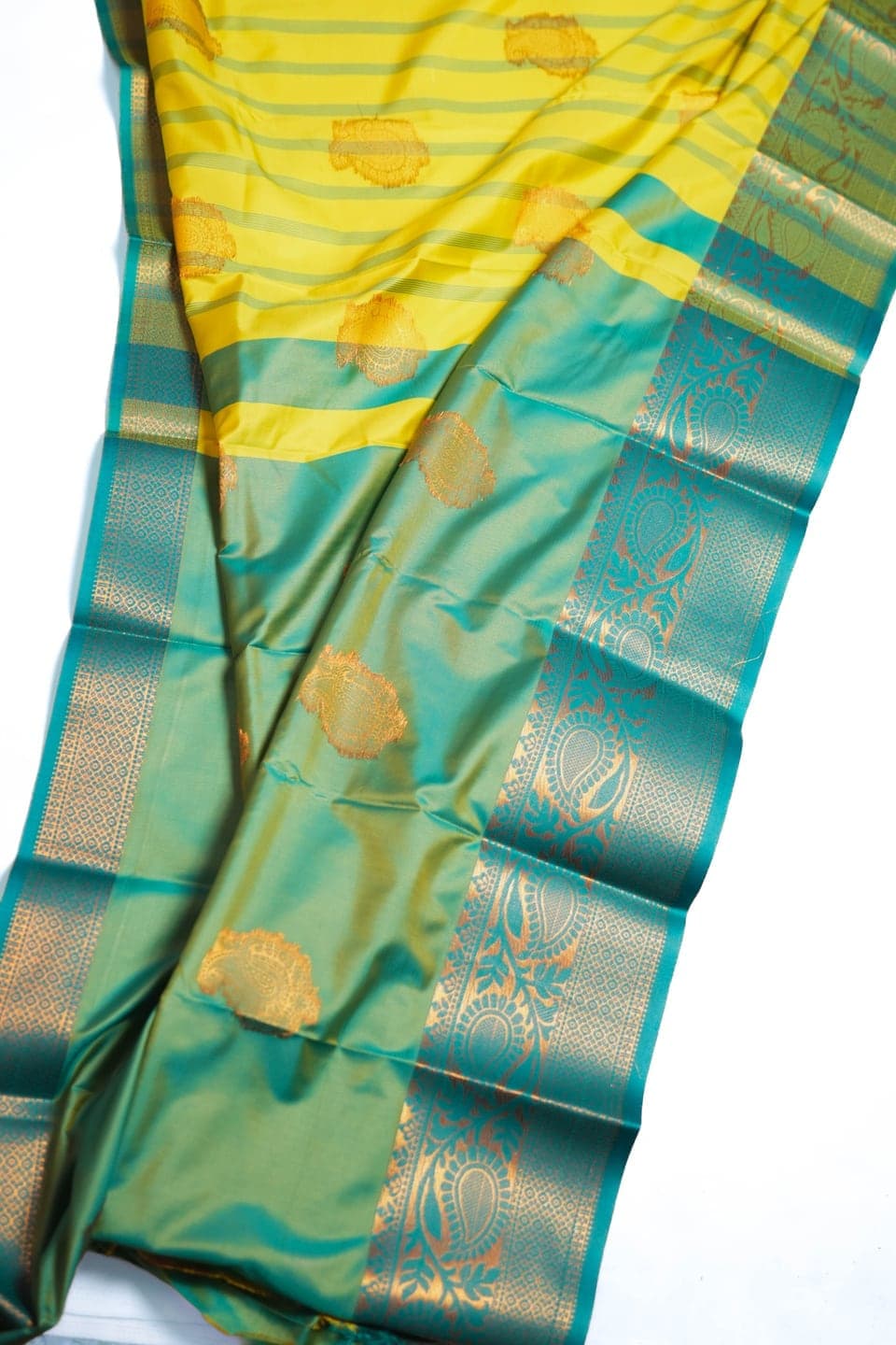 Mango Saffron Kanchivaram Silk Saree with Teal Zari thumbnail 3